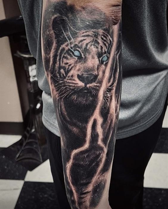 White tiger forearm in black and grey realism