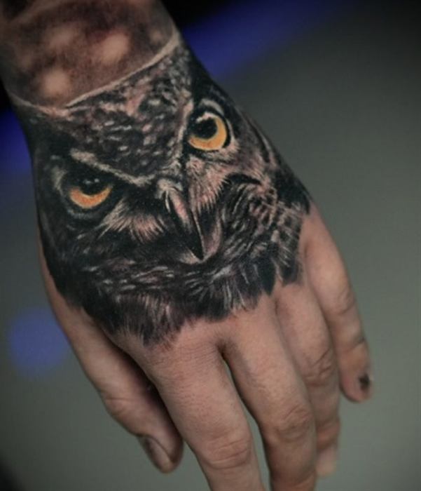 Realistic owl on the back of the hand