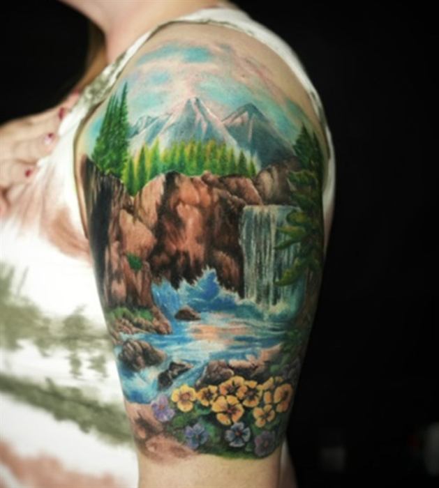 Mountain landscape across the shoulder in colour