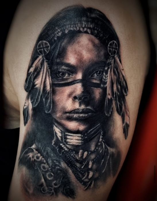 Portrait in black and grey with feather detail